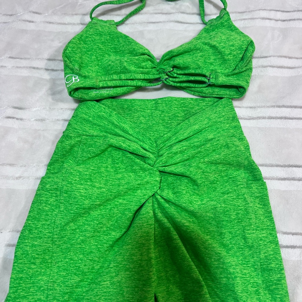 Bombshell Sportswear SET Neon Green Athletic Shorts + Bra - Picture 2 of 3